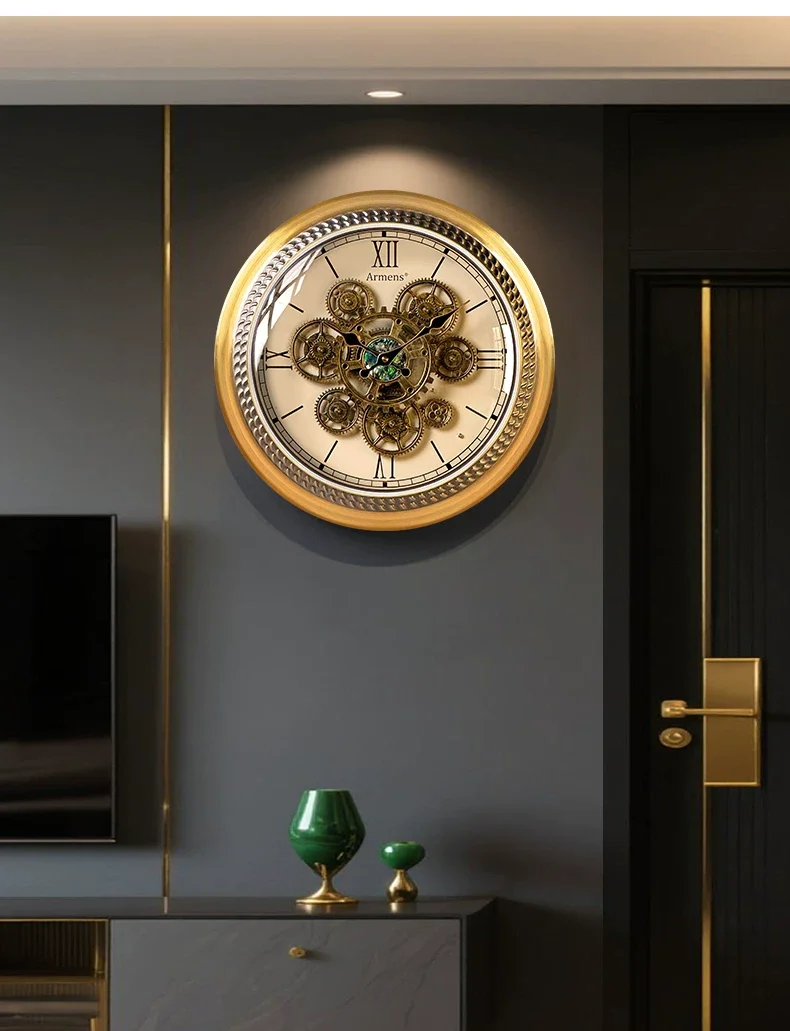 New Armens Luxury Rustic Mechanical Metal Single Face Wall Clock Real Moving Gears Silent Operation Antique for Living Room