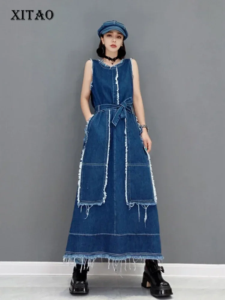 

XITAO New Sleeveless Denim Bandage Dress Burrs Fashion Simplicity Temperament O-neck Collar Women 2024 Autumn Loose CLL1258