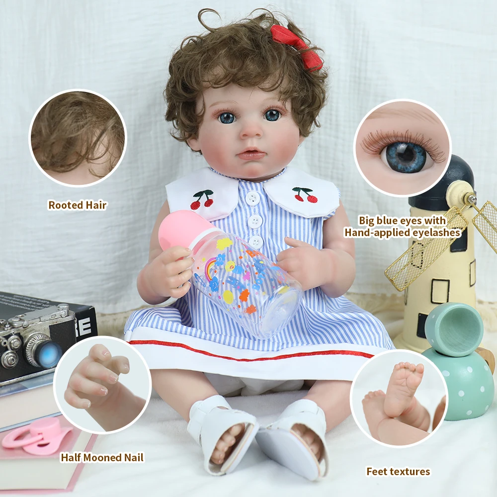 50CM Brown Curly hair Reborn Baby Girl Soft Vinyl Newborn Hand-Detailed Painted Skin Hand Painted Hair Cuddly Baby Girl Doll Toy