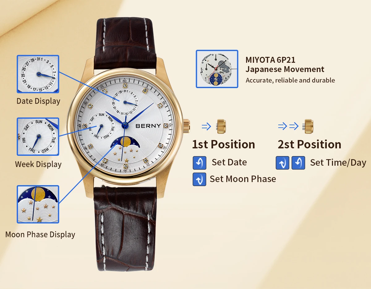 BERNY Damenuhren, Kalender, Datum, Woche, echte Mondphase, Quarz, Damenuhr, Lederarmband, elegante, lässige Damen- und Mädchen-Armbanduhr – Detail 9