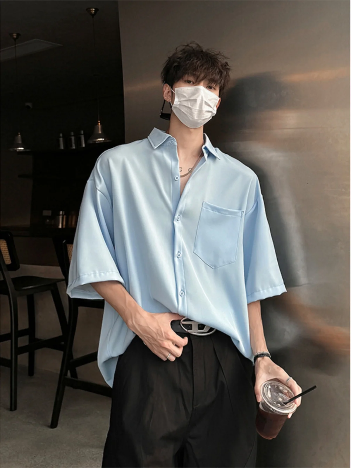 

Светло-голубая мужская летняя рубашка из ледяного шелка с коротким рукавом, тонкая дышащая повседневная рубашка из полиэстера в корейском стиле