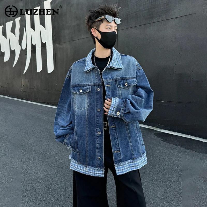 

LUZHEN Original Fake Two Piece Patchwork Plaid Printed Design Casual Denim Jacket Men's 2025 Autumn Fashion Loose Clothes JY4251