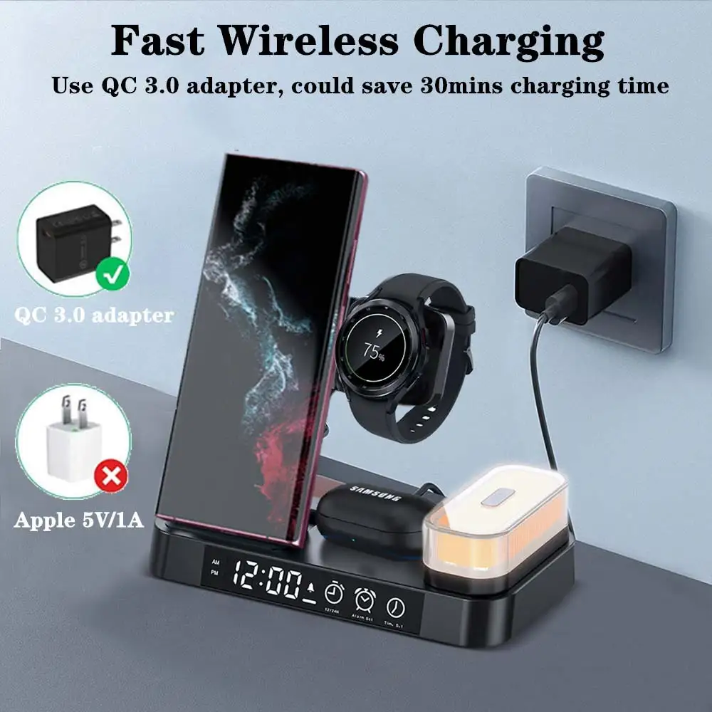 Wireless Charger 3 in1 S23 S22 S21 Ultra 30W Fast Charging Station Watch 5/5 Pro/4 Chargers Stand New Alarm Clock Night Light