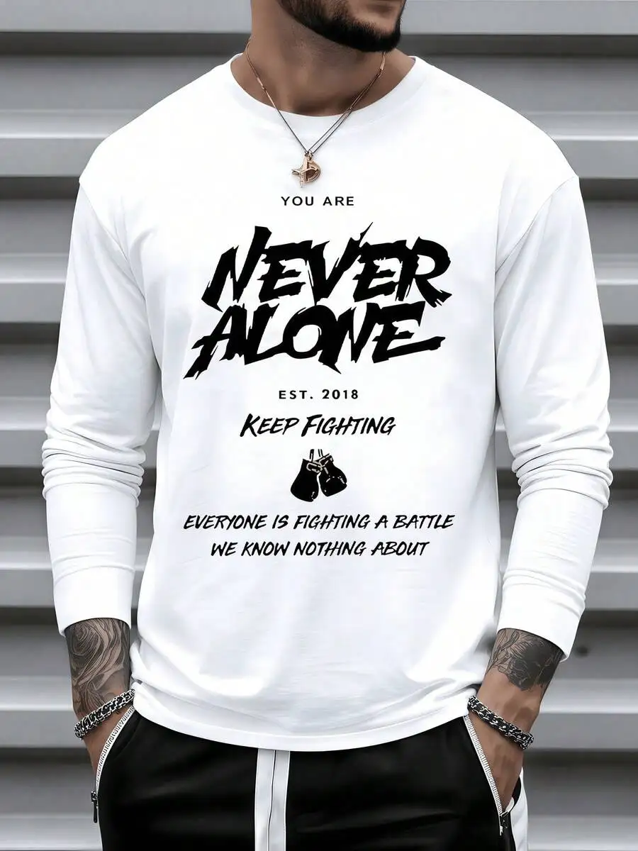 

Mens Graphic Long Sleeve Tee You Are Never Alone Keep Fighting Boxing Gloves Print Cotton Round Neck Casual Top