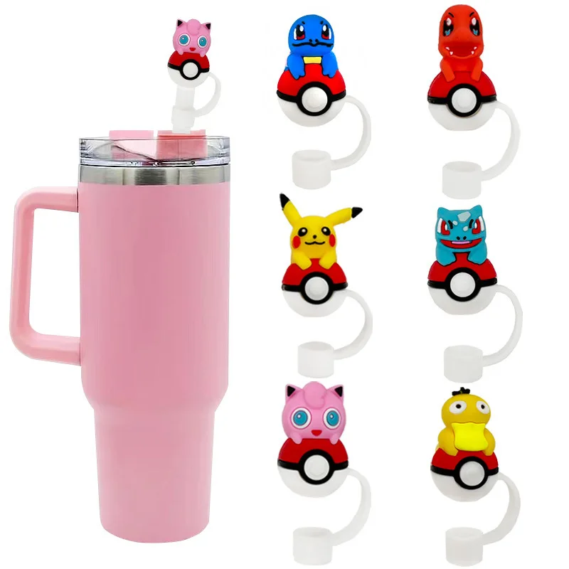 6pcs Kawaii Pokémon Pikachu ฟางฝาครอบสําหรับถ้วยสแตนลีย์นํากลับมาใช้ใหม่ 10 มม.ซิลิโคนฟาง Topper ใช้งานร่วมกับ 30 และ 40 oz Tumbler