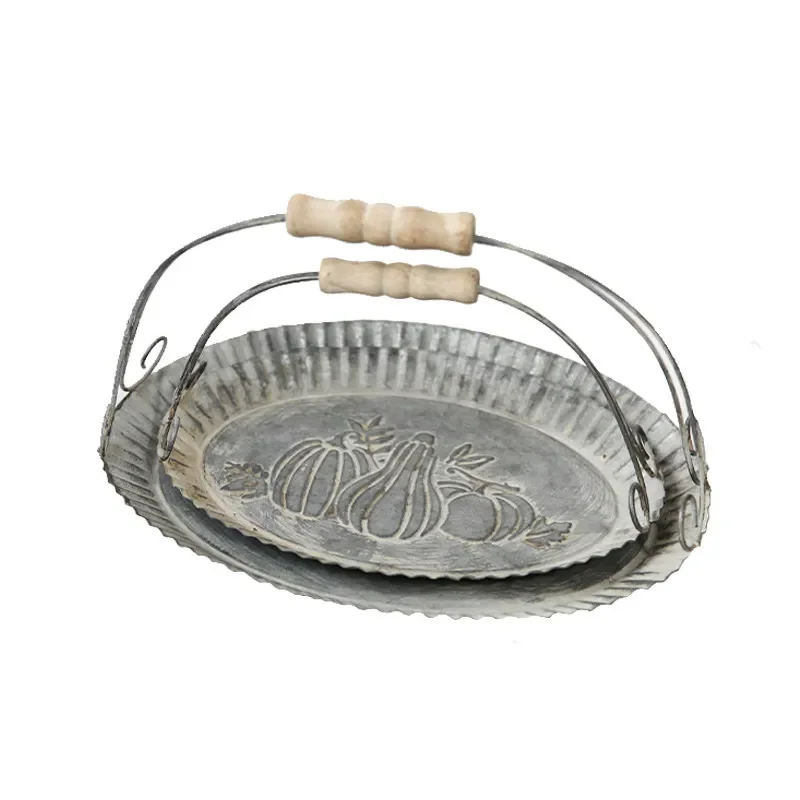 Home Furnishings Horticulture Grocery Tray Antiqued Ironwork Double Ear Handle Ornament Tinplate Courtyard Garden Decoration