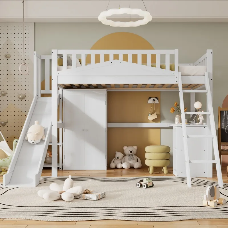 Lit superposé, lit d'enfant, matelas non inclus, avec barrière de sécurité, table et armoire, grand espace de rangement, échelle à quatre marches incluse, blanc, 90 x 200 cm – Expédition depuis un entrepôt local