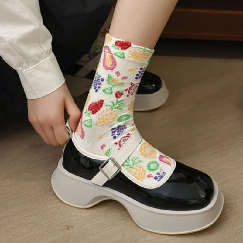 3 Pairs Korean Style Women Socks Ethnic Print Pattern Autumn Winter Cotton Socks Middle Tube Breathable Designer Sokken Vrouwen