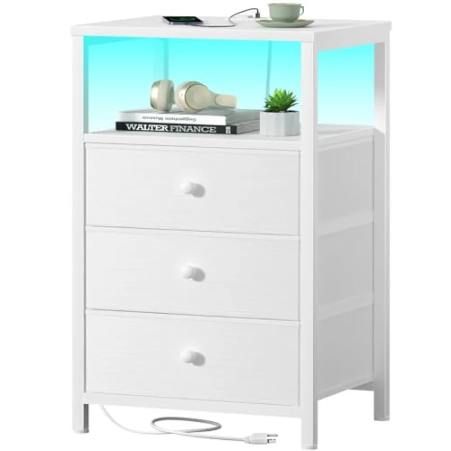 

White Night Stand with 3 Fabric Drawers Built-in Charging Station Featuring LED Light Dual USB Ports AC Outlets Modern Bedroom