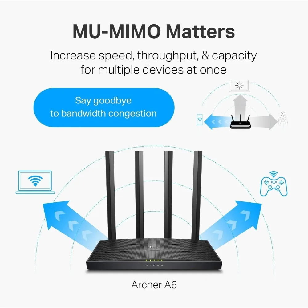 

Gigabit WiFi-маршрутизатор AC1200 (Archer A6) — двухдиапазонный беспроводной интернет-маршрутизатор MU-MIMO, 4 антенны