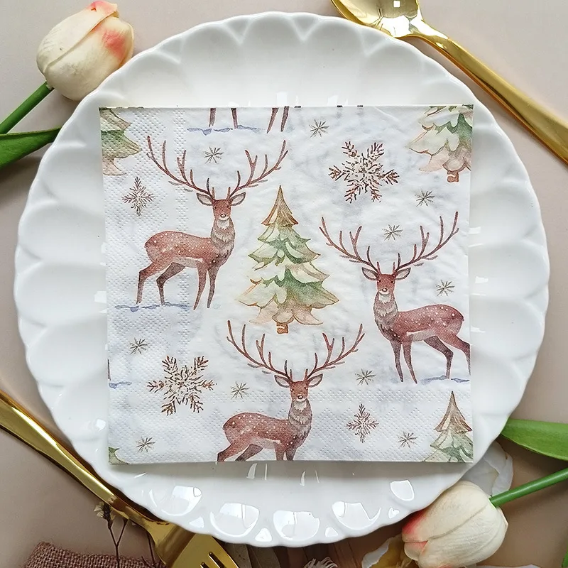 20pc Christmas Elk Square Napkins Merry Christmas Decoration Disposable Napkins Retro Painted Printed Paper Placemats table deco