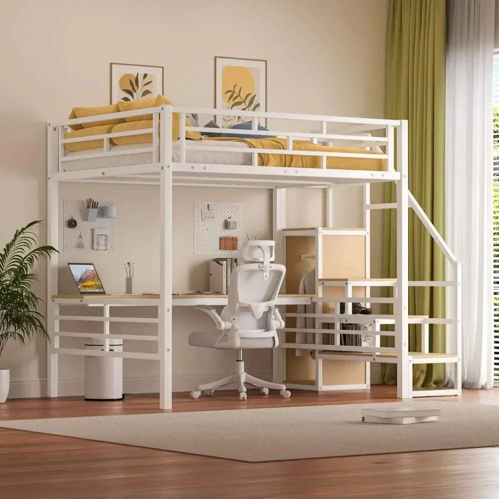 Full Size Loft Bed, Desk & Storage Stairs, Versatile High Loft Bed, No Box Spring Needed, Metal Loft Bed Frame Kids Bed