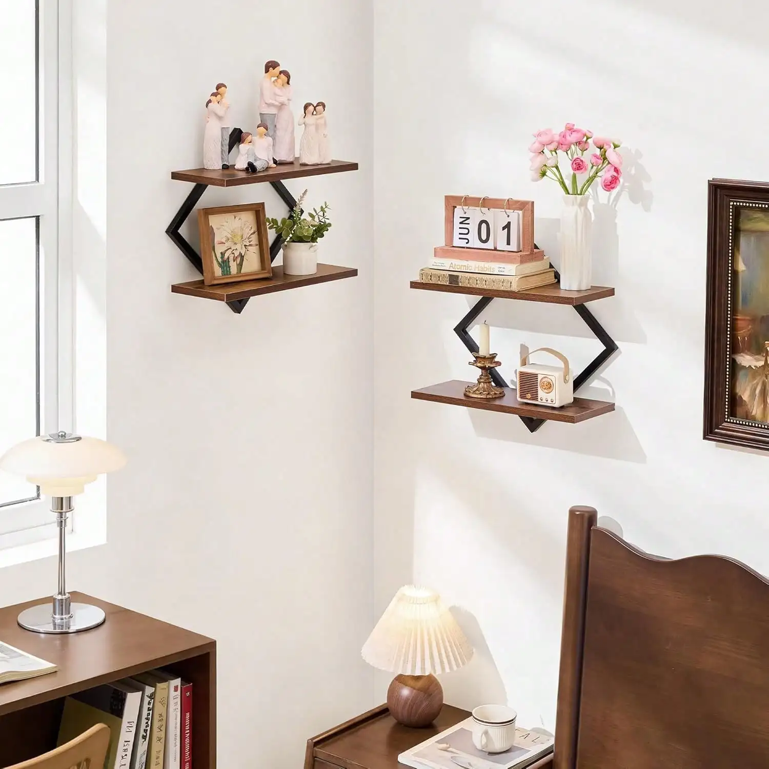 Floating Shelves, 15 Inch Wall Shelf Set Of 2,Hanging Bathroom Shelves 2-Tier, For Living Room, Kitchen, Office (Rustic Brown)