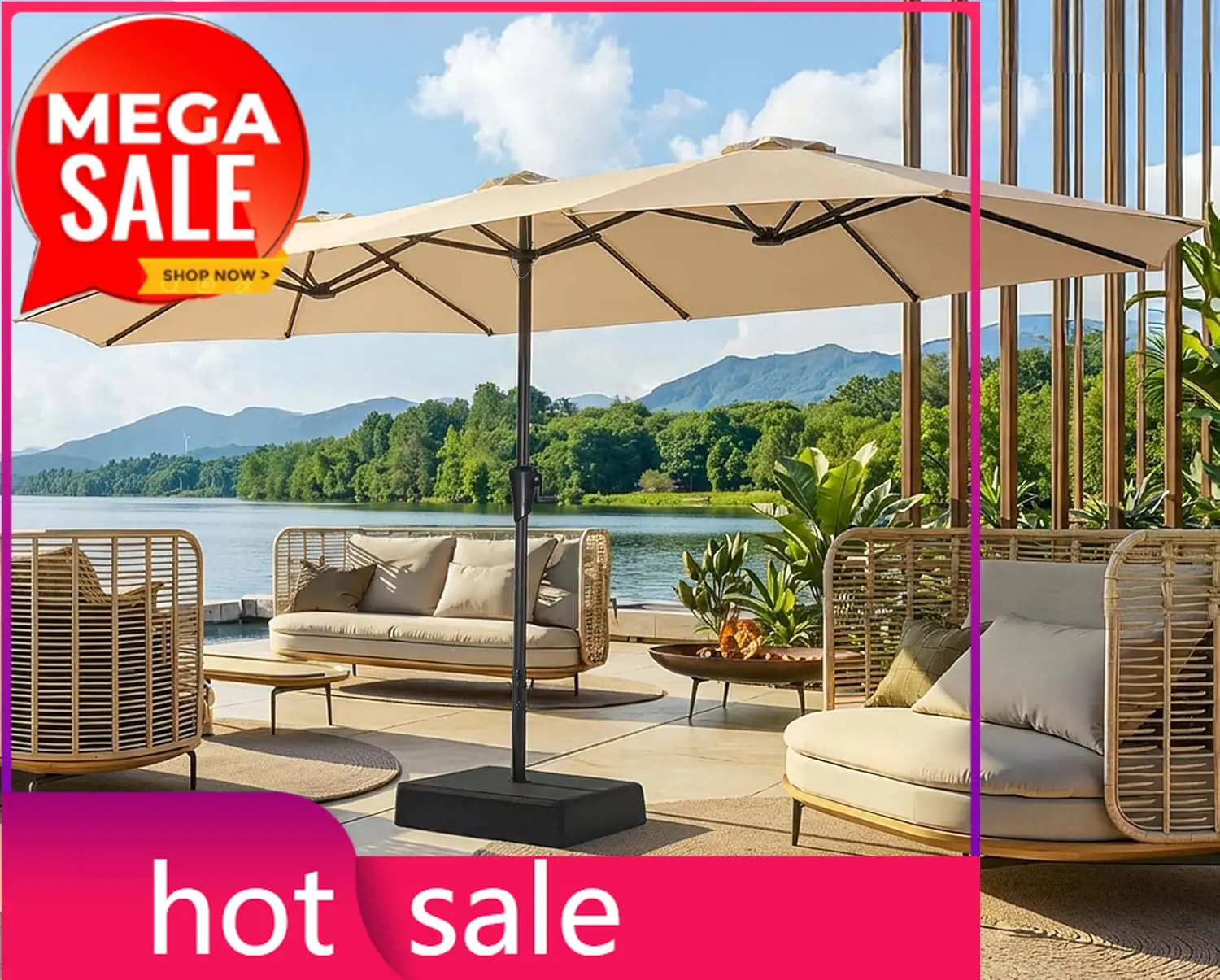 

15FT Outdoor Patio Umbrella with Base Included, Double Sided Pool Umbrellas with Fade Resistant Canopy, Extra-Large Table Umbrel