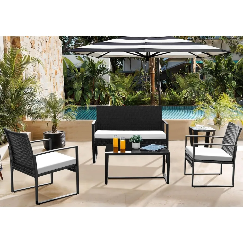 4 Piece Patio Furniture Set Outdoor Wicker Conversation Bistro Rattan Chairs with Coffee Table for Garden,Pool,Lawn, White