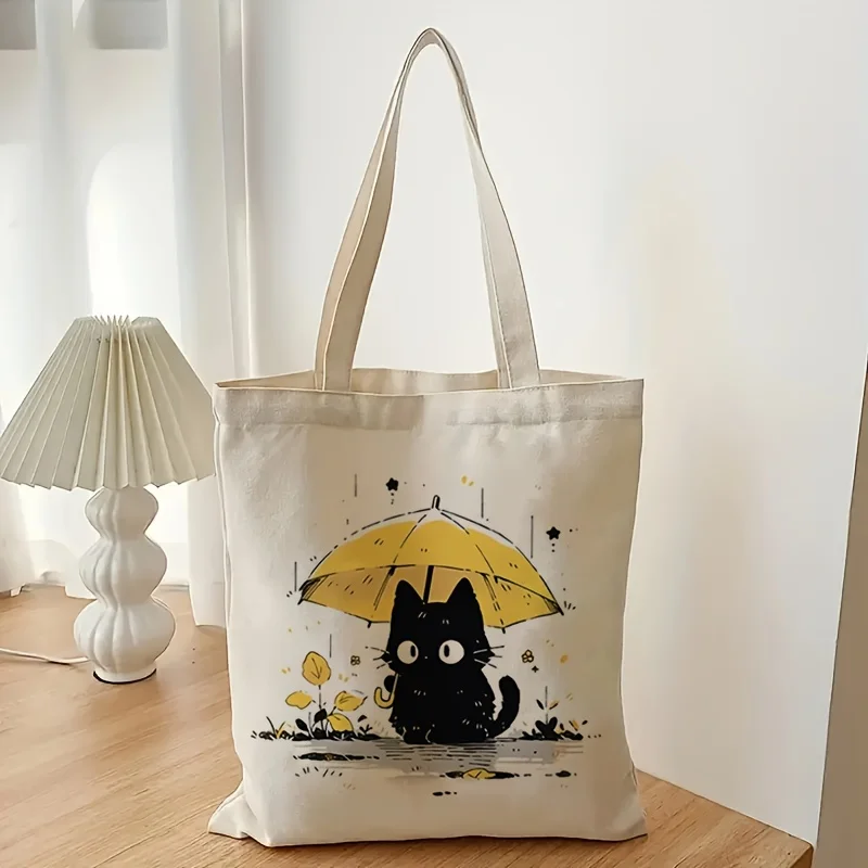 1pc Cute Black Cat Canvas Bag Tote Bag Reusable Grocery Shopping Bag, Multi-Functional  High-Capacity Double-Sided Handbag