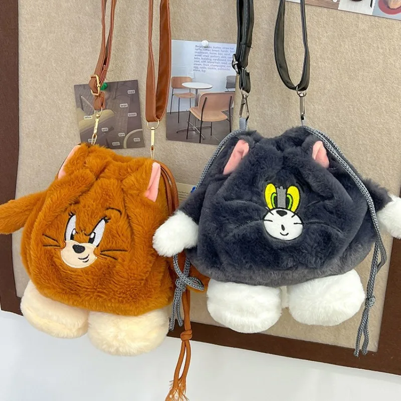Toms and Jerrys Cute Personality Drawstring Plush Bag Anime Handbag Shoulder Bag Storage Bags Birthday Gift
