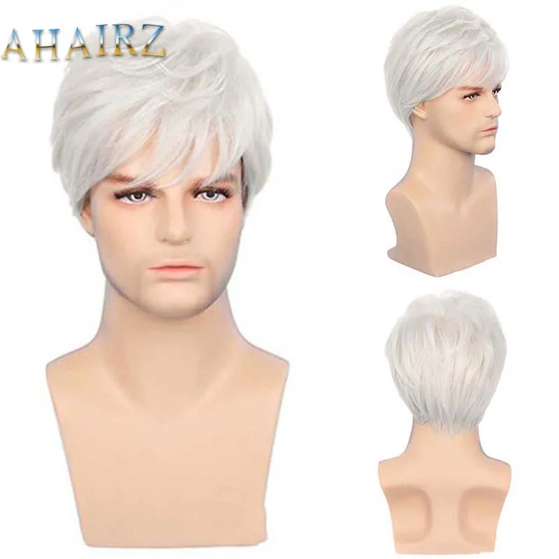 Synthetic Short Curly Hair Wig with Bangs White Wig for Men Male Father Halloween Costume Cosplay Wig