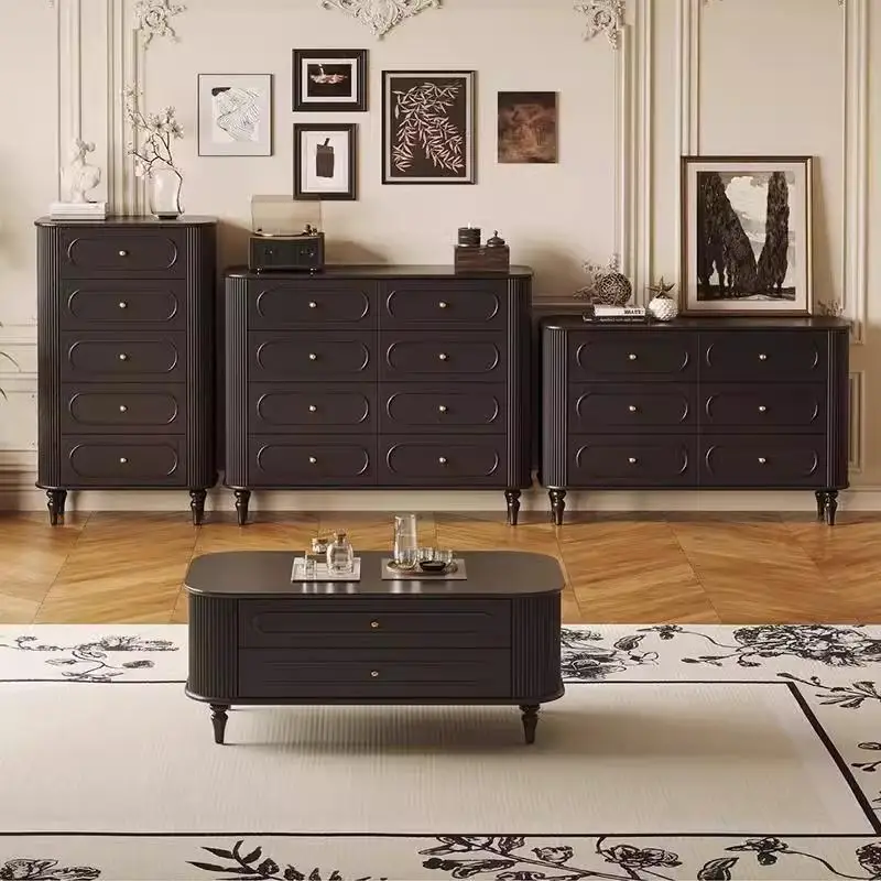 

French solid wood three four five six chest cabinet bedroom black cabinet against the wall light luxury American bedside storage