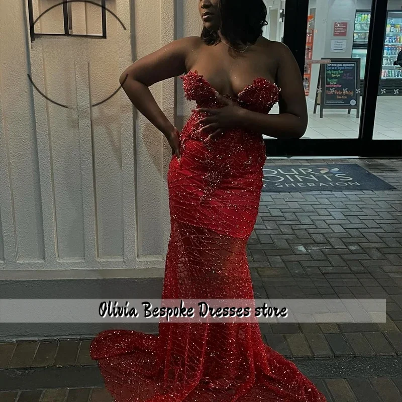 Elegant Crystal Prom Dresses Sparkling Illusion Mermaid Evening Party Gowns Customized Strapless Serene Hill Dresses
