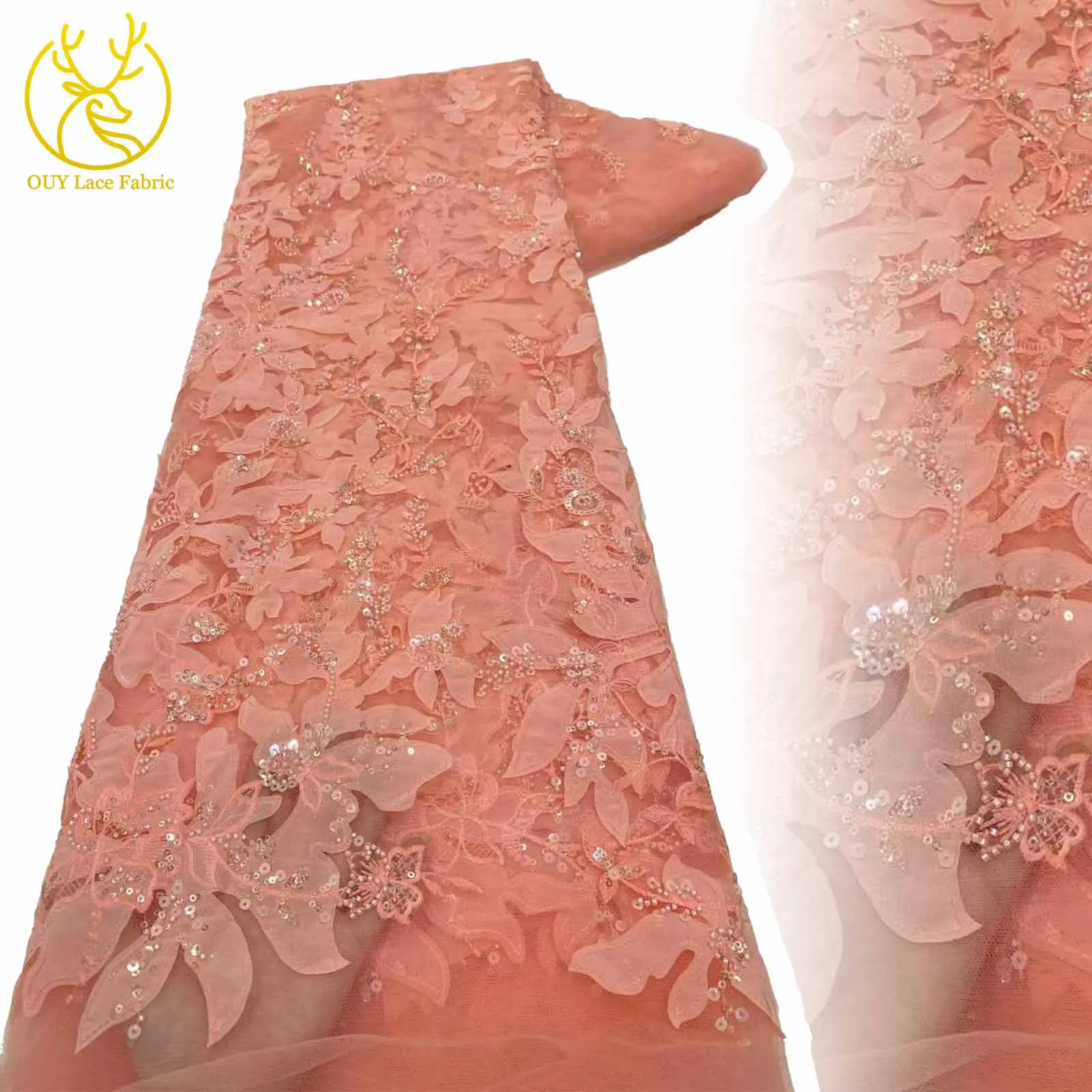 

2025 African Beaded Decoration Mesh Design Lace Fabric 5 Yards French Sequin Lace Decoration For Exquisite Wedding Party Dresses