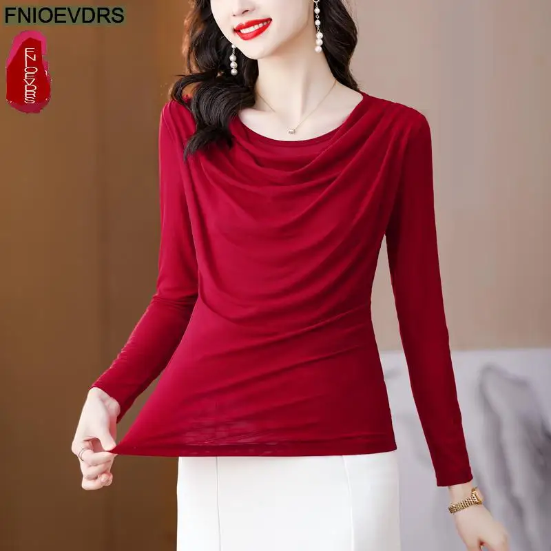 S-5XL Mesh Sheer Bling Tops New Year Red Women Autumn Winter Thick Basic Wear Elegant Draped Shirt Fashion Purple Tunic Blouses