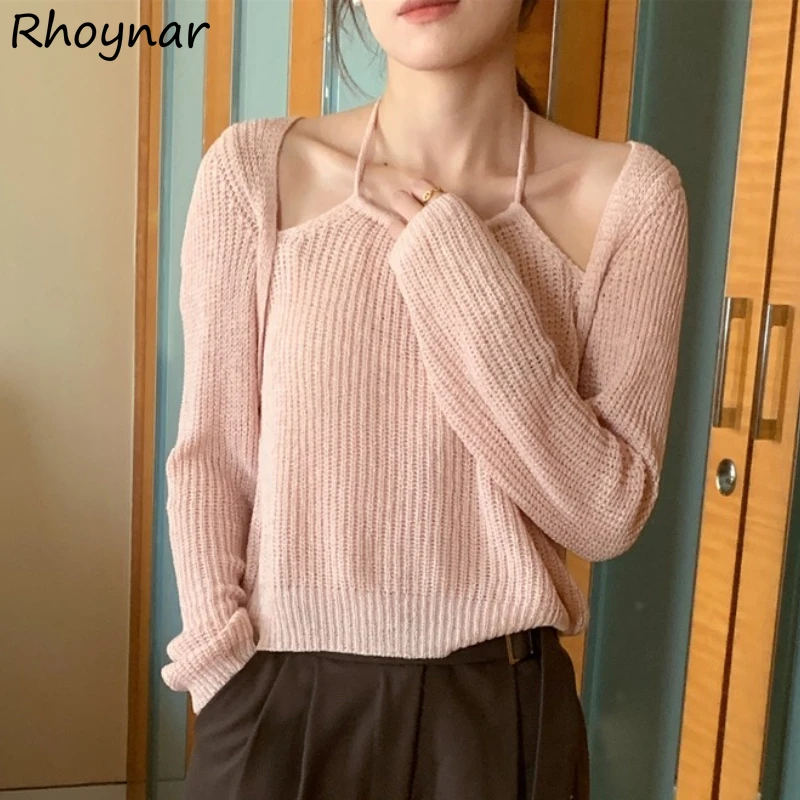 Pink Sweaters Fake 2 Pcs Halter Pullovers for Women Autumn Tender Sweet Female Long Sleeve Knitwear Tops Ulzzang Holiday Chic