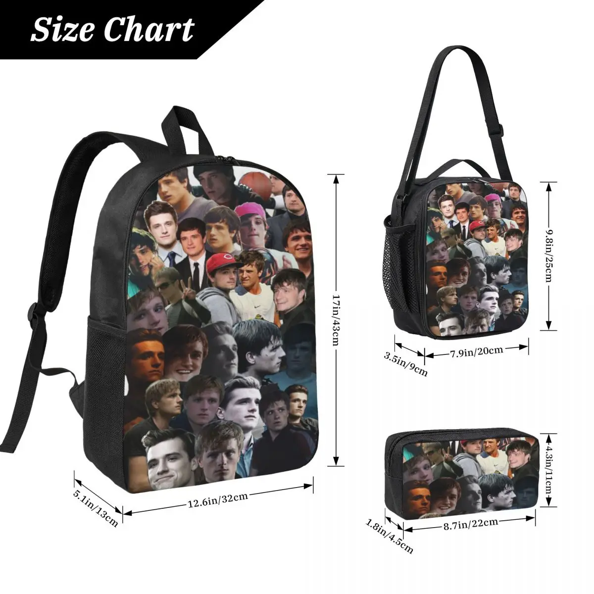3Pcs Josh Hutcherson Prints Backpack Set for Kids Pen Bags Bookbag Sets with Lunch Box For School Students Knapsack