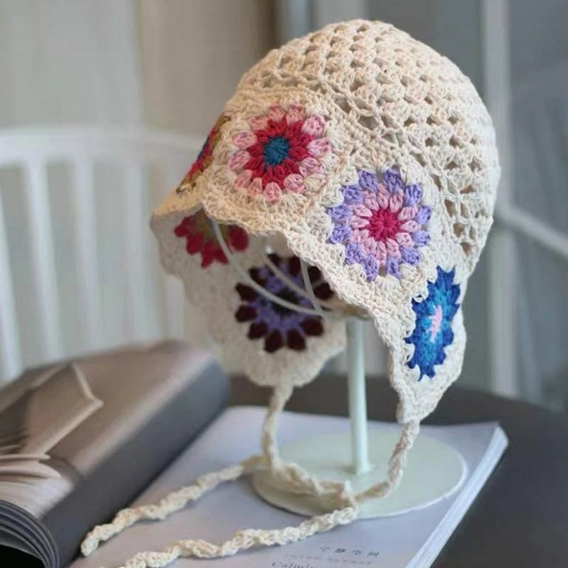 

5asd High Elastic Anti-uv Bucket Hat Knit Crochet Flower Hats for Adult Teenagers