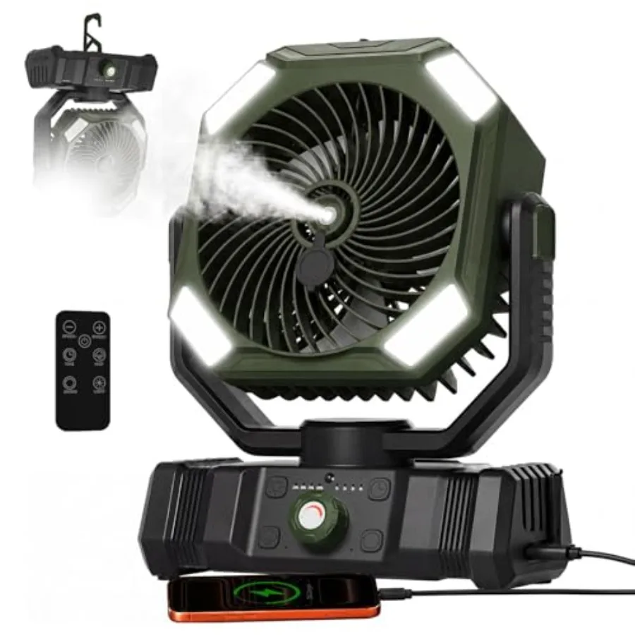 

Misting Fan, Portable Camping Fan Rechargeable, Battery Powered Fan for Camping with Light, Remote and Timer, Hanging Tent Fan