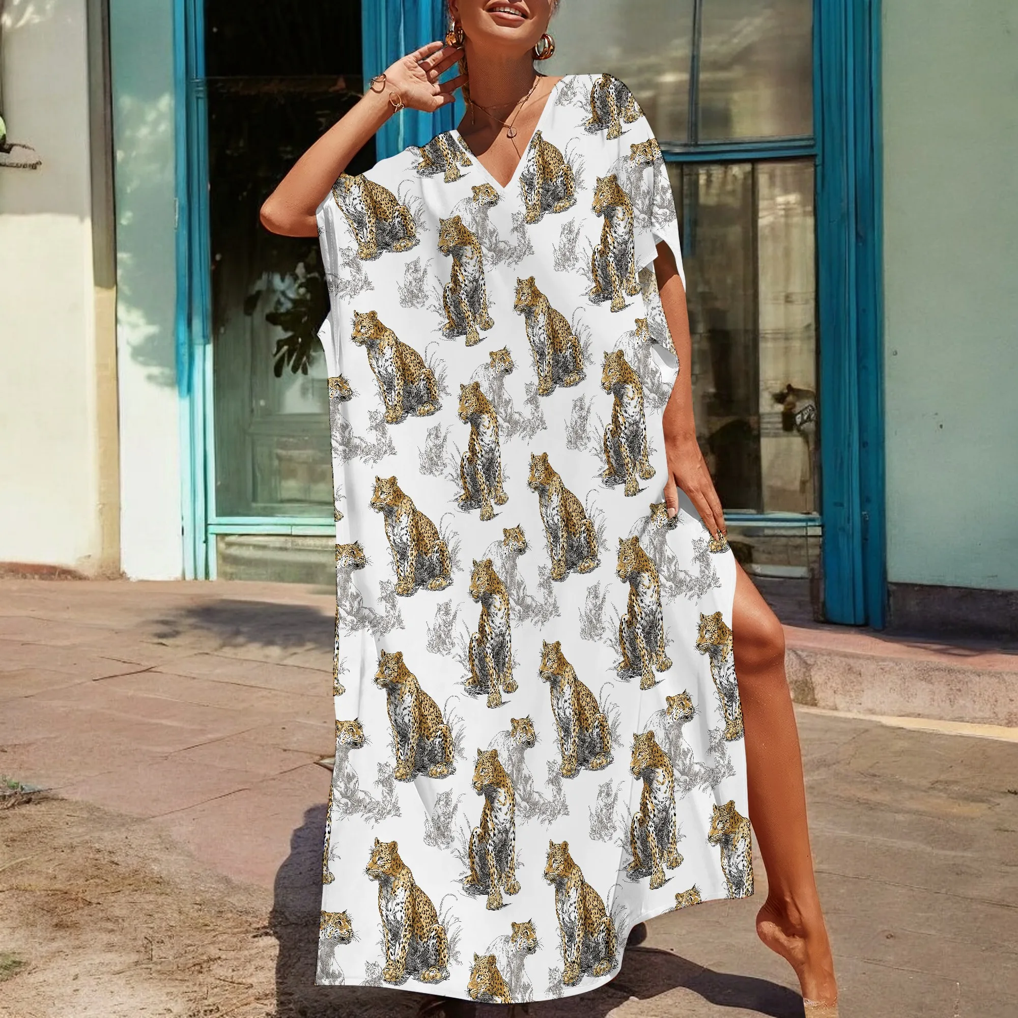 

Leopard Print Kaftan Dress 3XL Plus Size V-Neck Animal Print Summer Beachwear