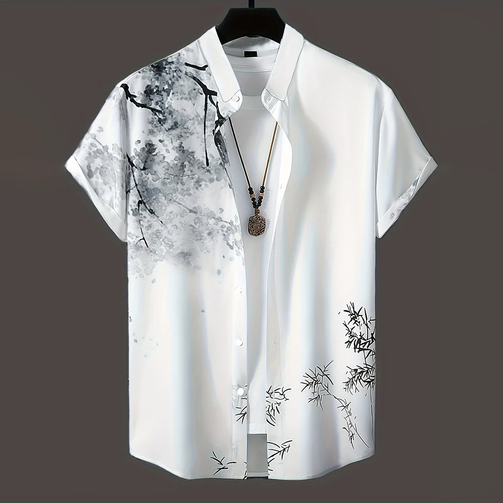 Summer Fashion Black And White Floral Print Button-up Shirts 2024 New Men\'s Short-sleeved Shirt Casual Holiday V-neck Blouse Top