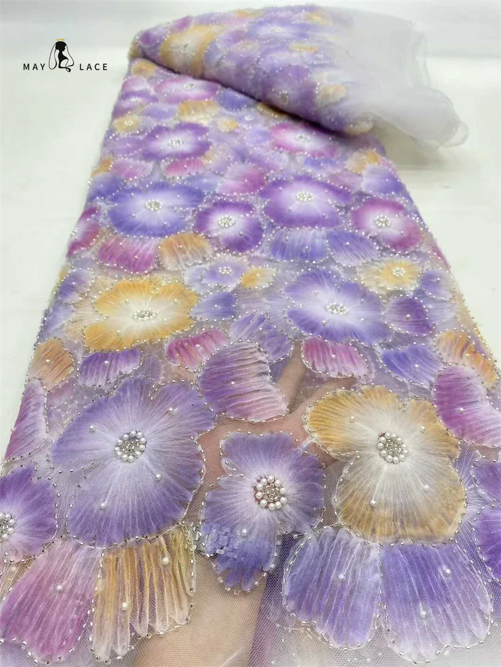 African Luxury Sequins 2025 Latest Hot On Sale African French Chiffon Party Lace Fabric Tulle Nigerian Beads Fabric For Wedding