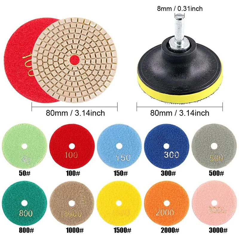 

A53Q-11Pcs 3Inch Wet Diamond Polishing Pads Set 50 To 3000 Grit Hook And Loop Backing Sanding For Granite Concrete Marble