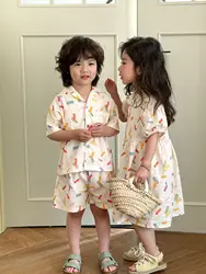 2025 New Vacation Style Cotton Kids Summer Clothing Set Girls Sundress for 80 - 150cm Boys and Girls Sibling Outfits