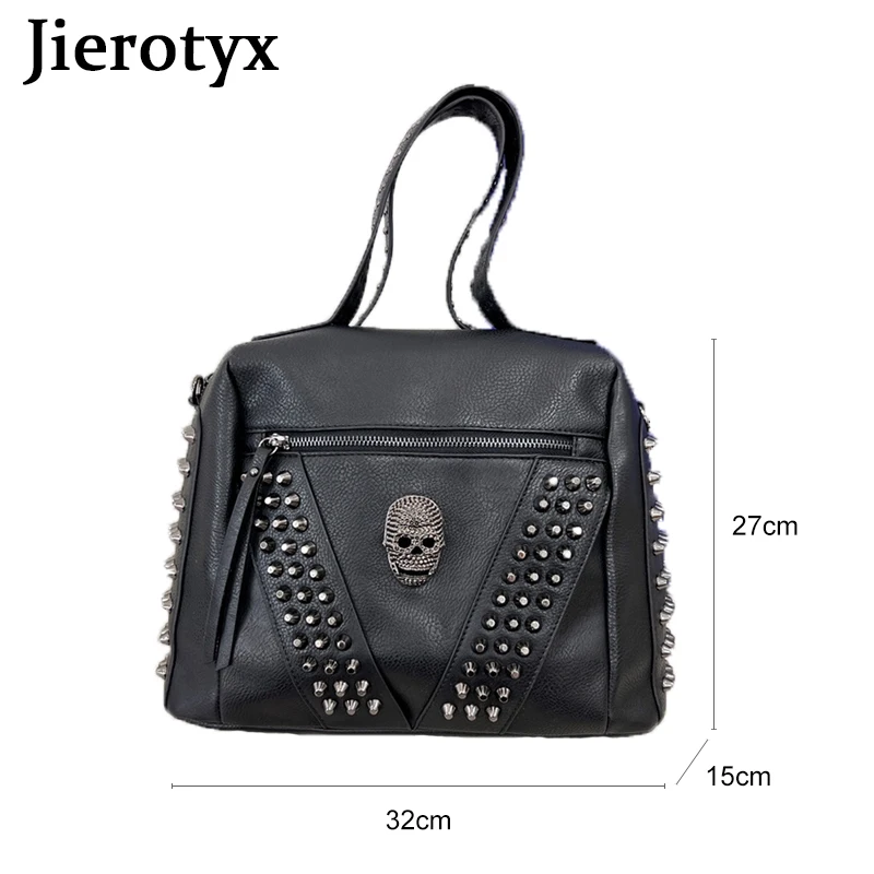 JIEROTYX Black Skull Handbag Tote Bags for Women Gothic Rivet Large Capacity Crossbody Purse Soft Leather Travel Shopping