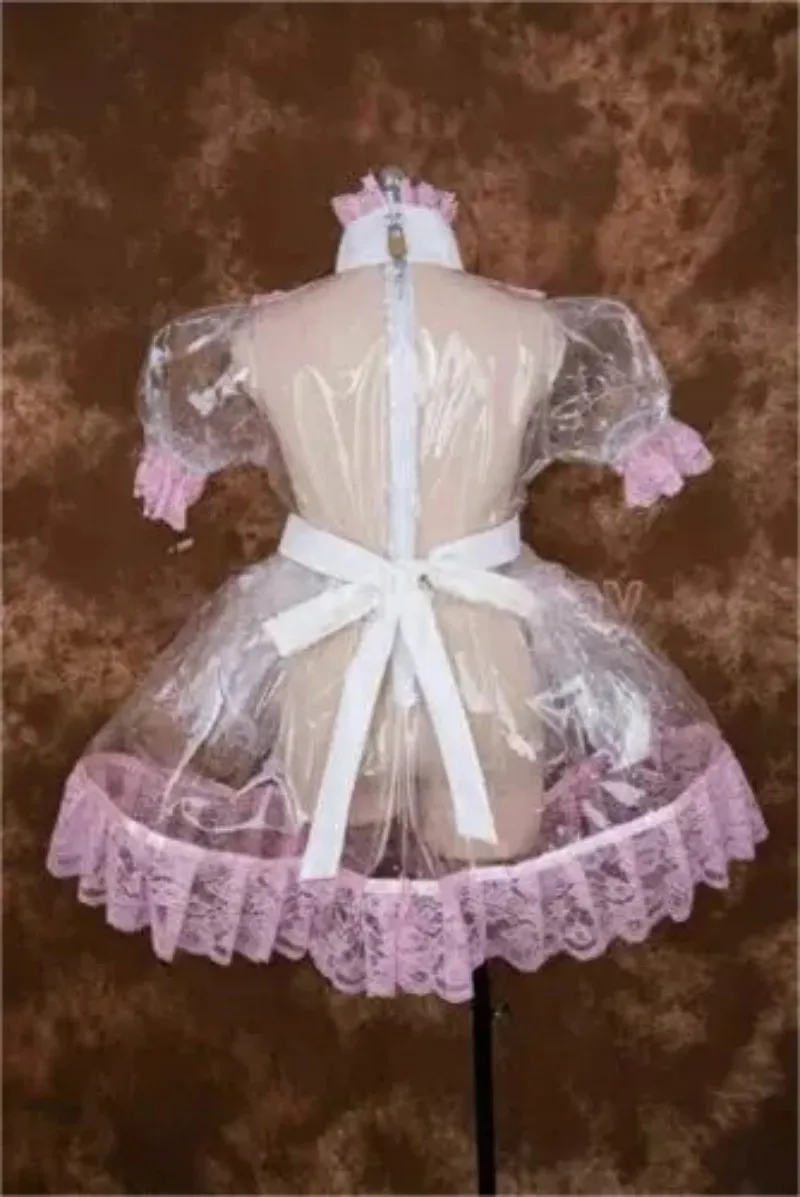 Sissy White Transparent Sexy Maid PVC Lockable Dress Pink Lace Lace Cosplay Halloween Costume Party Banquet Customized