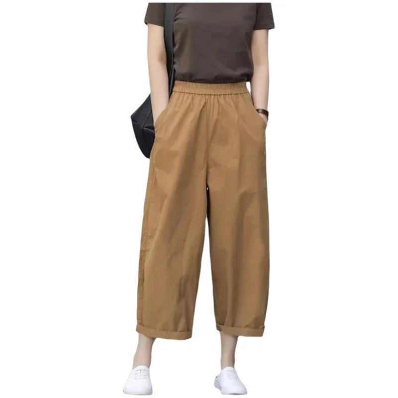 Summer Women's Casual Loose Wide Leg Pants Cotton Linen Thin Pure Color Trousers Versatile Style Nine Point Length