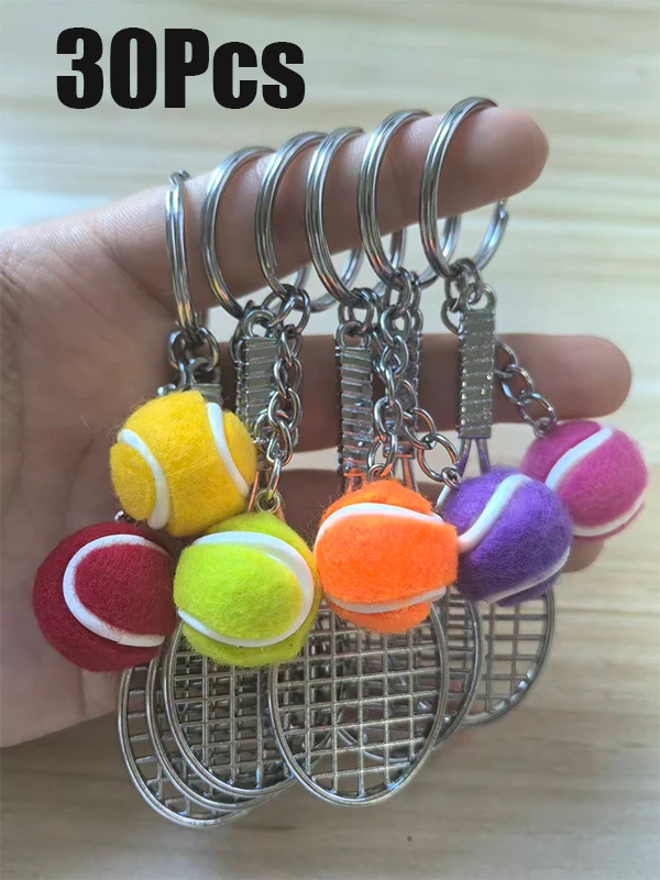 30Pcs Tennis Racket Key Chains Mini 3D Tennis Ball Charms Sports Keyrings Backpack Decor Accessories
