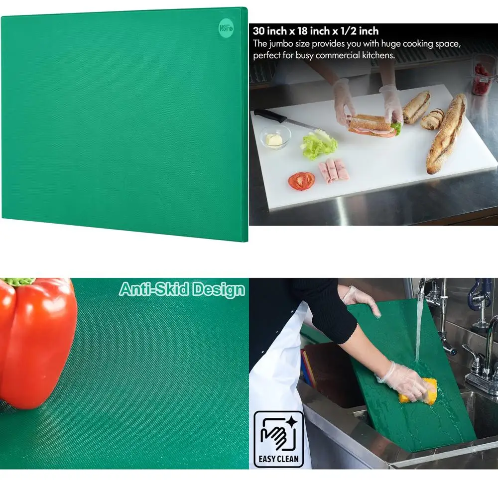 

Green Plastic Commercial Kitchen Chopping Board, 30 x 18 x 0.5, Anti-Slip Surface, Color Coded, Dishwasher Safe