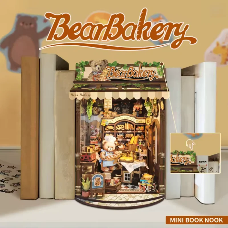OUZEY Bear Cub's Bakery Book Nook DIY, casa en miniatura de madera 3D, kit de rompecabezas creativo, regalo para adolescentes