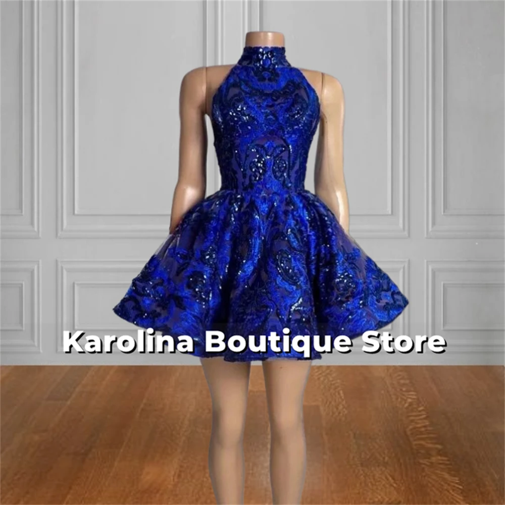 Extraordinary Royal Blue Halter Prom Dresses 2024 Black Girls Sequin Short Ball Gown 2024 Birthday Luxury Dress Celebration Gown