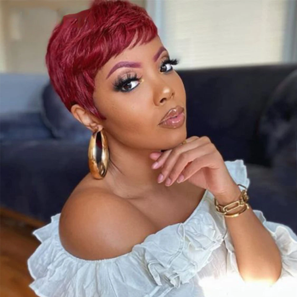 350 # /99j/1b colorido pixie corte em linha reta peruca de cabelo humano para as mulheres completa máquina feita peruca curta em camadas peruca reta com franja