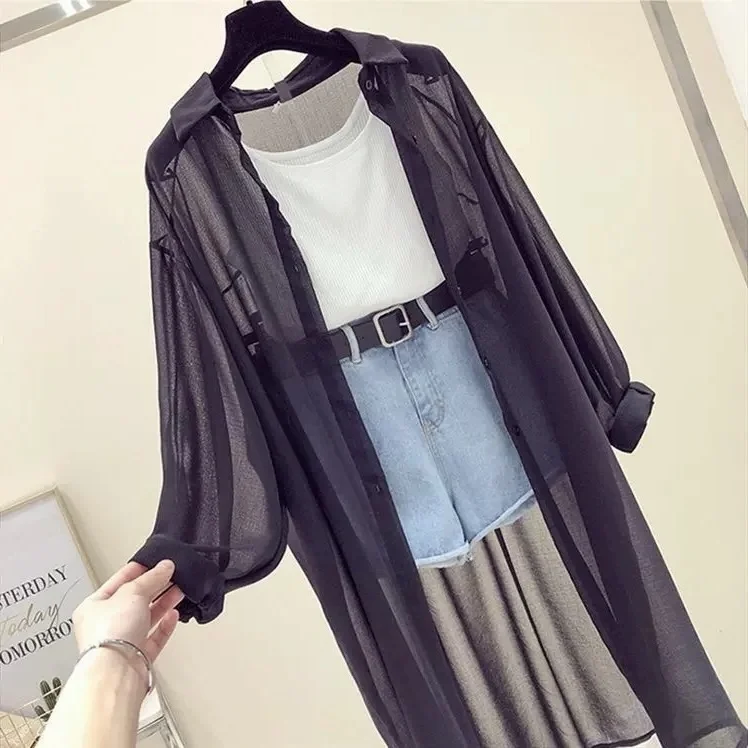 

Летняя женская свободная длинная рубашка с защитой от солнца, прозрачная шифоновая верхняя одежда, универсальное повседневное дышащее пальто