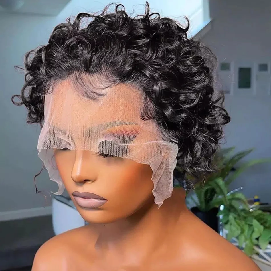 Short Curly Wig Human Hair Pixie Cut Wigs for Women Blonde Black Color 13x1 Transparent Lace Frontal Wig Human Hair Water Wave