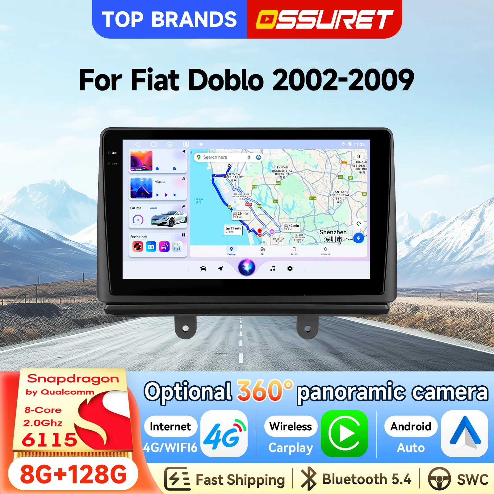 OSSURET Schnelle Lieferung 9'' 2 Din GPS-Navigation Android 15 Octa-Core Autoradio für Fiat Doblo 2002-2009 Autoradio Bluetooth Freisprecheinrichtung SWC Kabelloses Carplay Android Auto Intelligenter