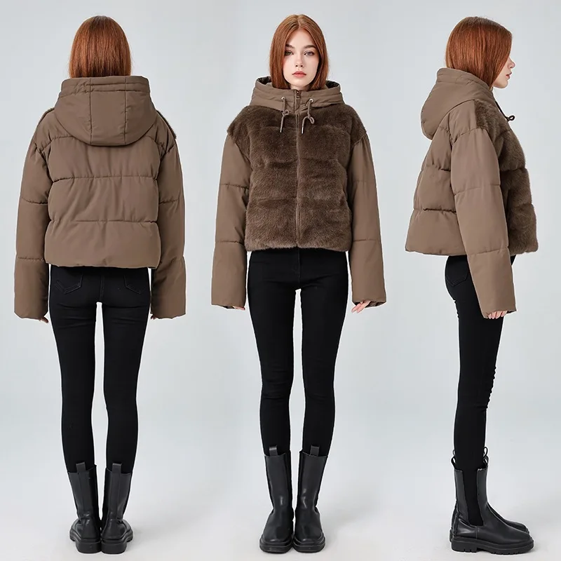 

Короткая пуховая хлопковая куртка с высокой талией, женская модная теплая женская верхняя одежда высшего качества с защитой от очков на меху, в наличии