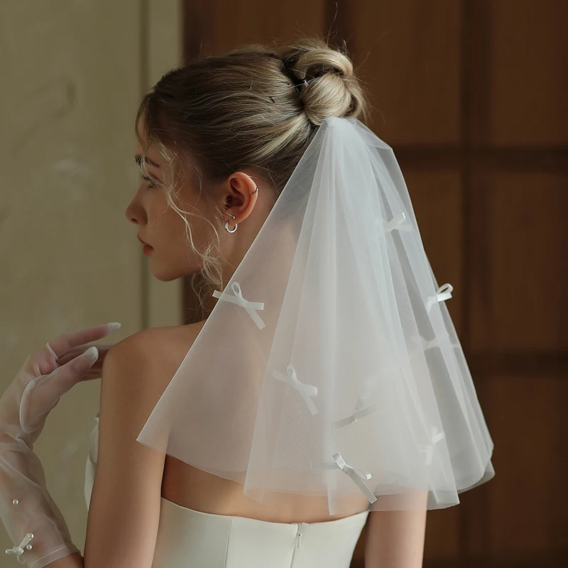 

V371 Double Layer Short Butterfly Knot Wedding Headband Bridal Accessory Engagement Photo Shoot Hair Clip for Brides