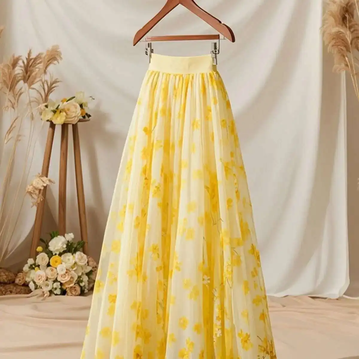

Spring Autumn New Yellow Chiffon Temperament Ral Long Dress Ladies High Waist Skirts Women Clothes All-Match A-E Skirt