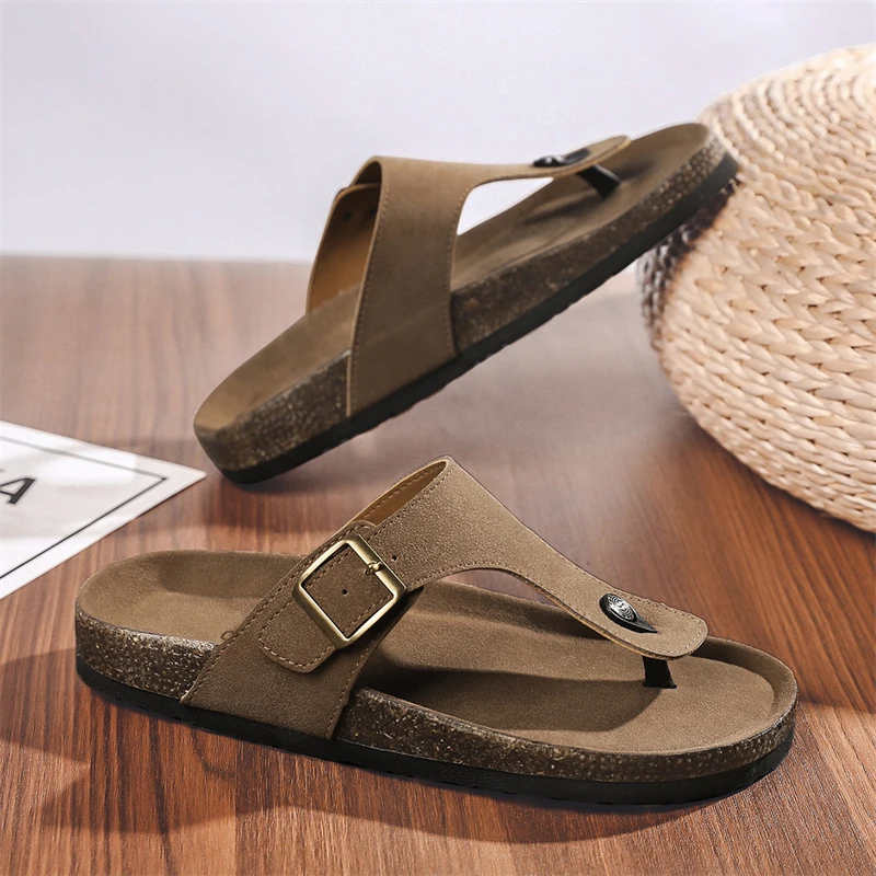 CYYTL Men Slippers Casual Summer Sandals Outdoor Beach Shoes Slides Comfort Lightweight Leather Adjustable Buckle Flip flop Flat